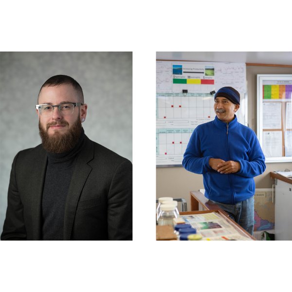 at left, headshot of Cáel M. Keegan and at right, Bopi Biddanda stands in the AWRI facility
