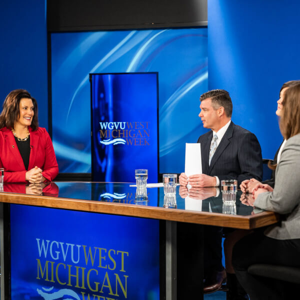 Gov. Gretchen Whitmer shown on the set at WGVU. Whitmer is a guest on West Michigan Week February 13.