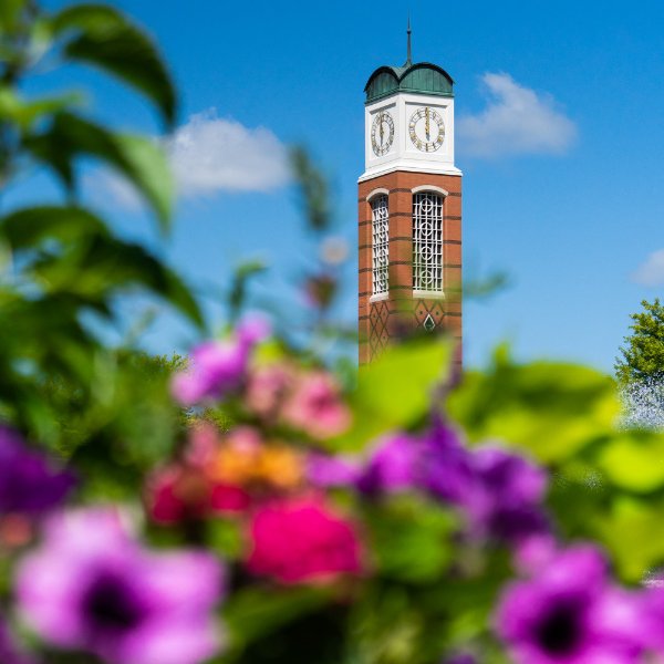 Carillon in the background with flowers foreground.
