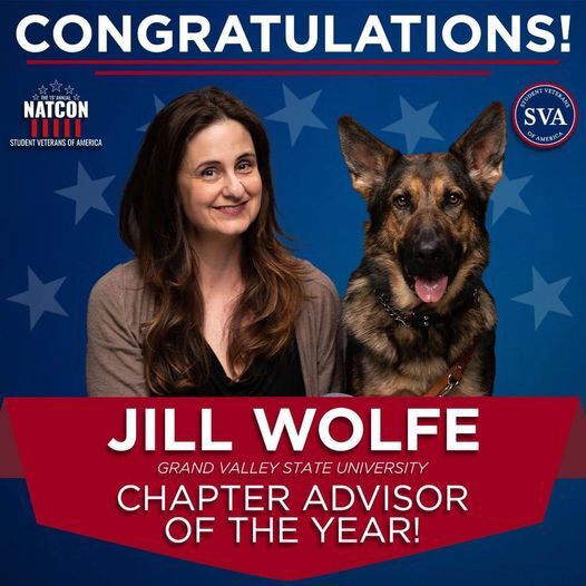 Jill Wolfe with her service dog in a social media post announcing the Advisor of the Year award
