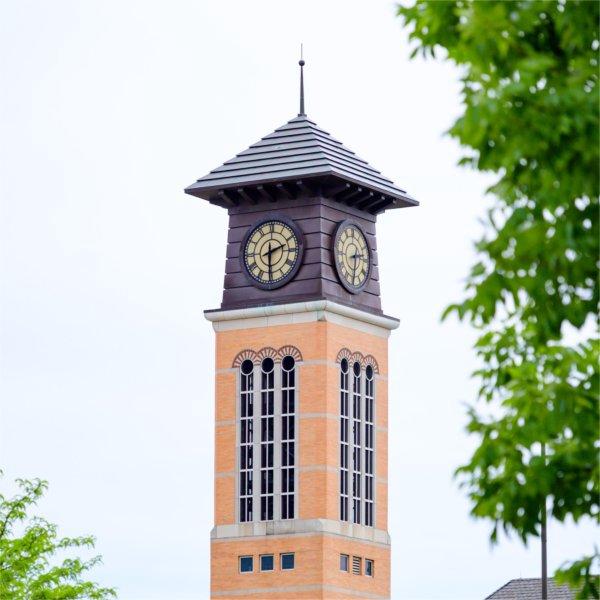 Walking south down Winter Avenue, the Beckering Family Carillon Tower is seen framed within leaves as it stands tall on Pew Campus May 21.