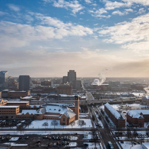 aerial view of the Pew Grand Rapids campus looking into Grand Rapids