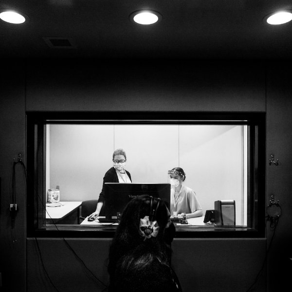 An audiology graduate student performs a hearing assessment at a new clinic in Finkelstein Hall.