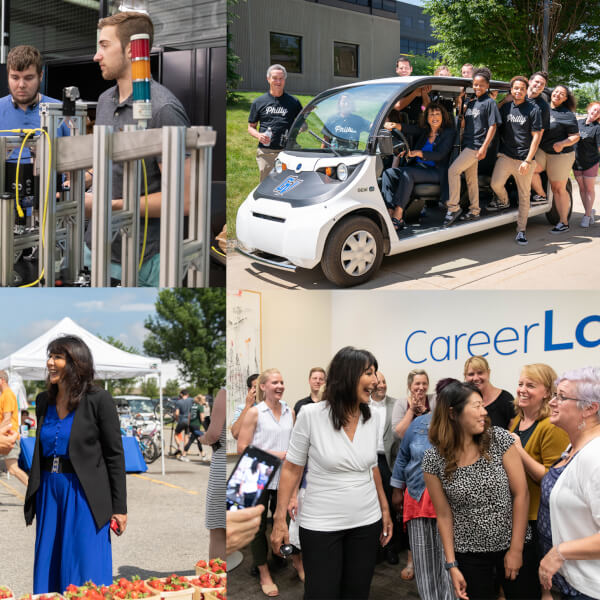 A photo collage shows Mantella looking at an engineering project, touring the Farmer's Market, meeting faculty and staff and students.