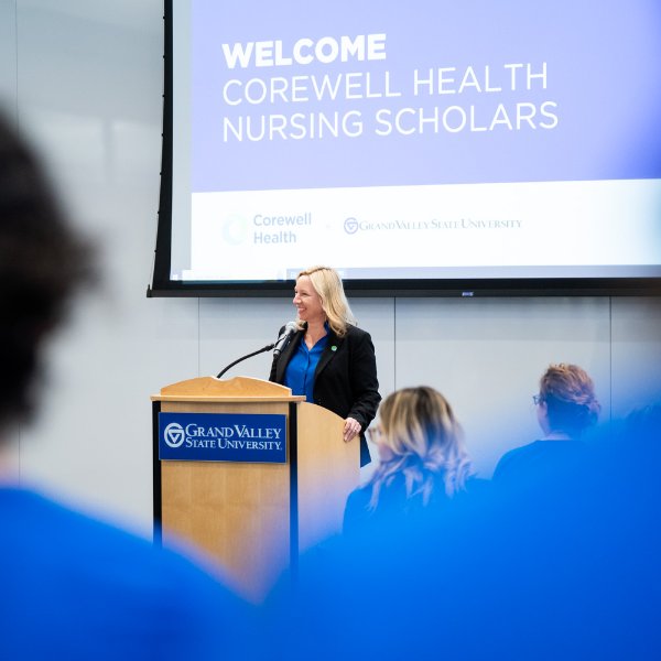 Tina Freese Decker speaks from a podium