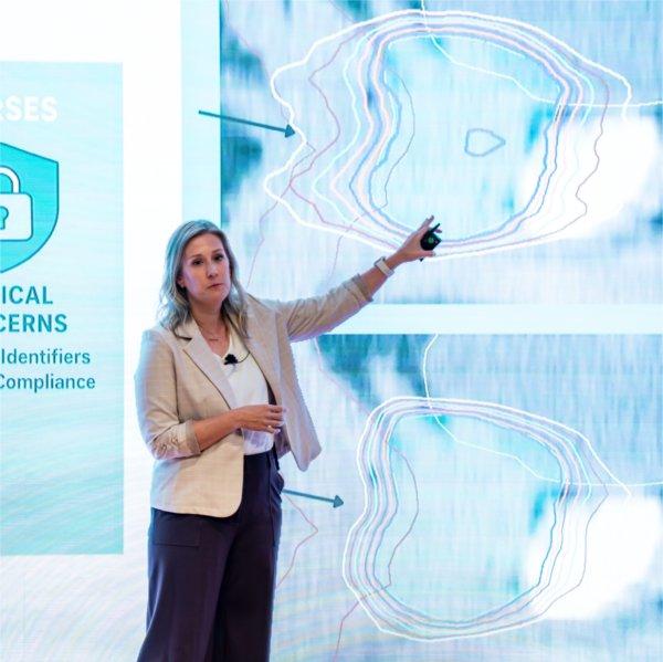 Kristen Vu, program director of medical dosimetry, points to two images on a screen.