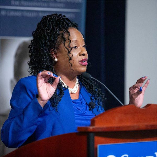 TaRita Johnson delivers speech at DeVos Center during MLK Week
