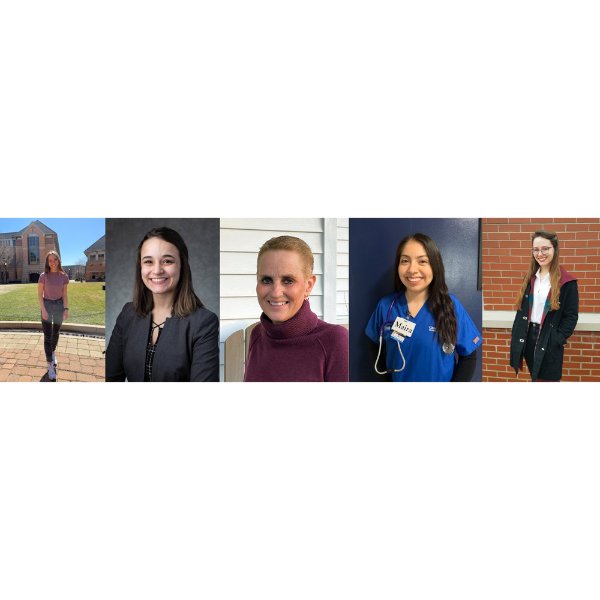 five headshots of students in a composite photo, two standing, others are seated