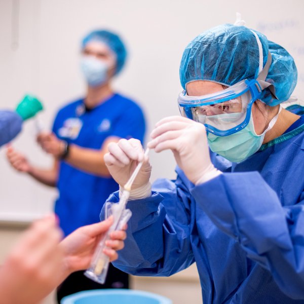Nursing students in the sim lab.