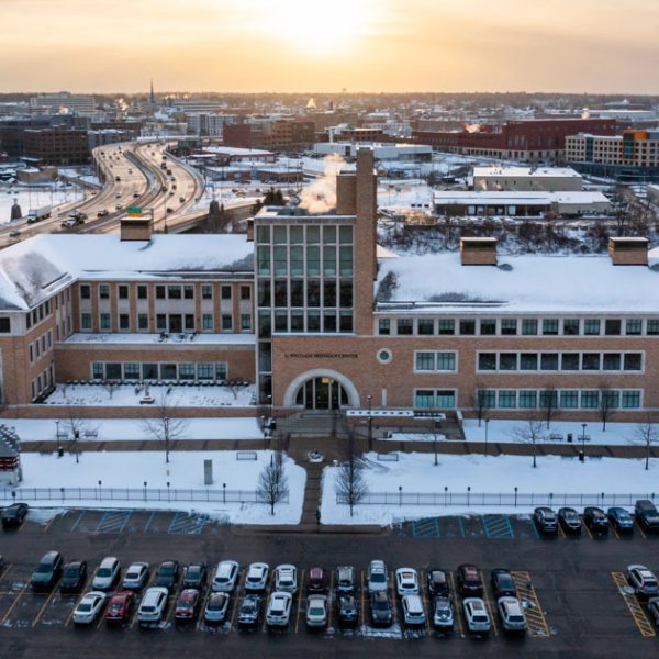 The L. William Seidman Center is pictured with a dusting of snow in the sunrise
