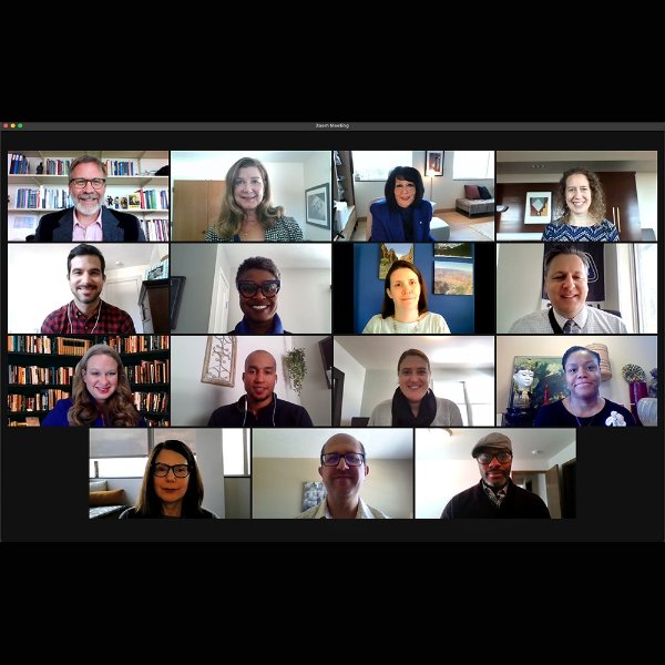 Participants in the Reach Higher 2025 huddle on a computer screen