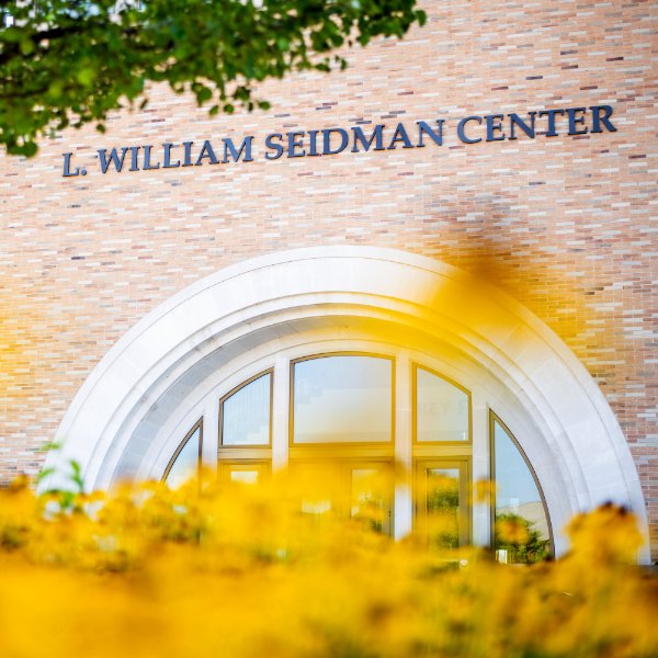 Exterior photo showing front facade of the L. William Seidman Center