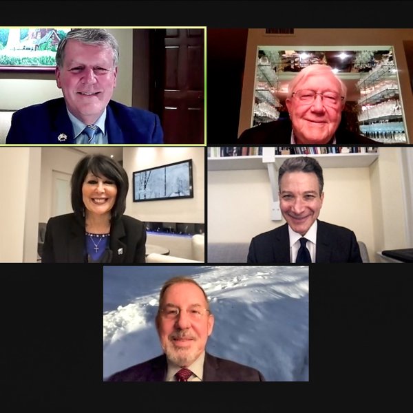 Current and former GVSU Presidents Haas, Lubbers, Mantella, and Murray, along with Jeffrey Rosen in a Zoom webinar screen.
