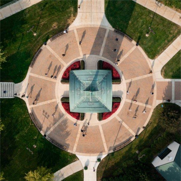 A drone photo of the Cook Carillon Tower from the top.