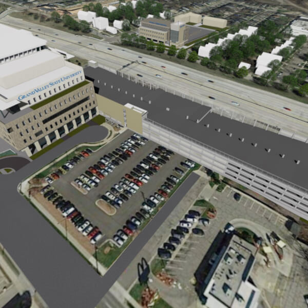 A rendering of the Cook-DeVos Center for Health Sciences, 333 Michigan, and the parking ramp.