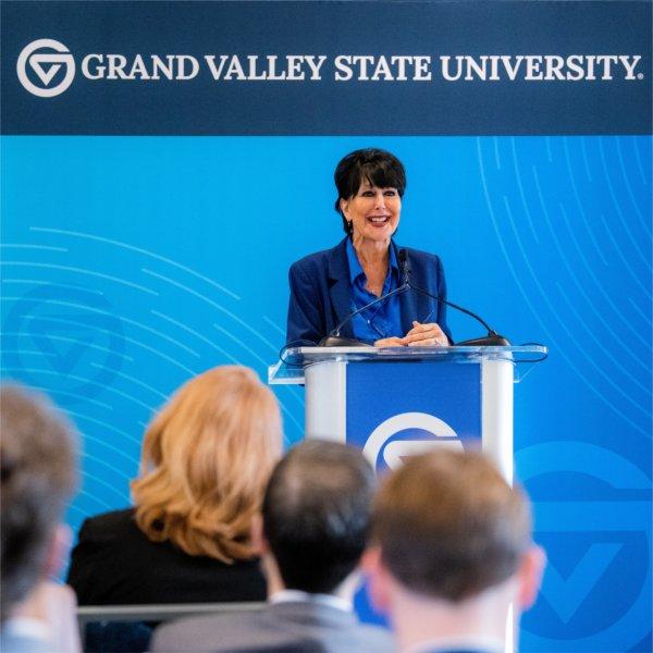 President Philomena V. Mantella speaks at a press conference to share GVSU&#8217;s economic impact report.