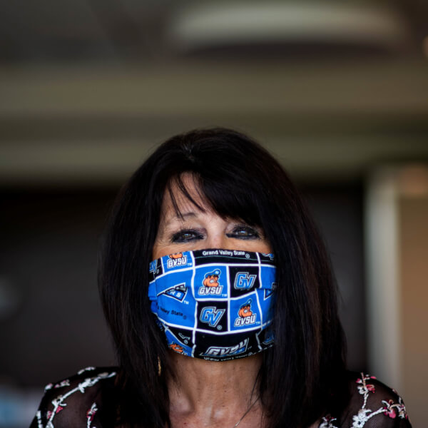 President Philomena V. Mantella wears her Laker mask as a way to protect others.