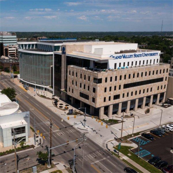 drone photo showing DeVos Center for Interprofessional Health on Michigan Avenue
