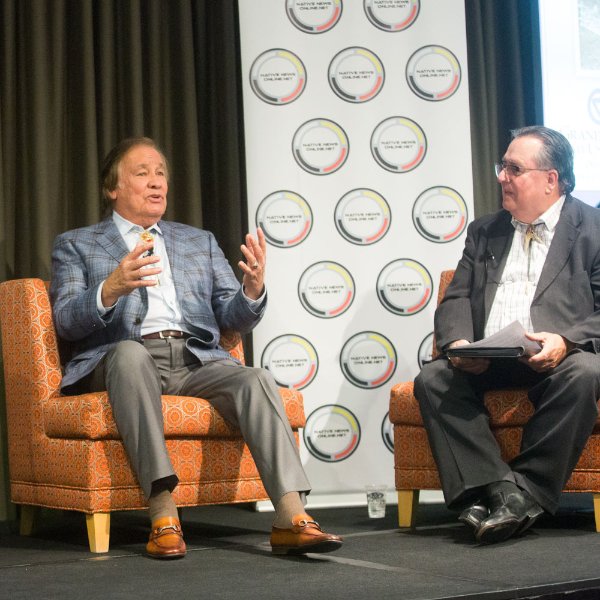 Billy Mills and Levi Rickert speaking at "A conversation with Billy Mills"