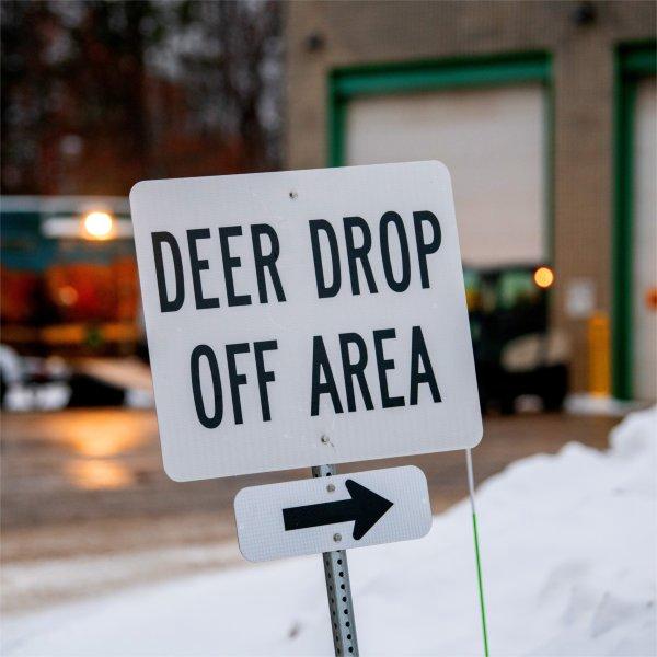 A sign outside a building says "deer drop off area" and contains an arrow pointing to the right. A garage and trucks are in the background.