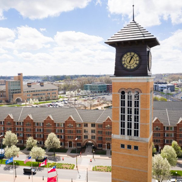 aerial photo of Pew Grand Rapids Campus, with carillon tower in front