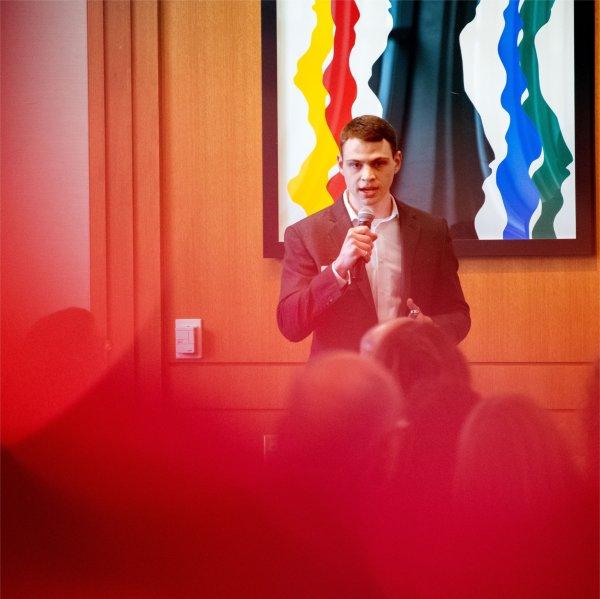 Spencer Scarber discusses his business idea with judges.