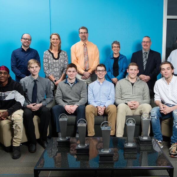 The finalists for the Lakeshore Innovator of the Year award pose for a photograph at the Muskegon Innovation Hub