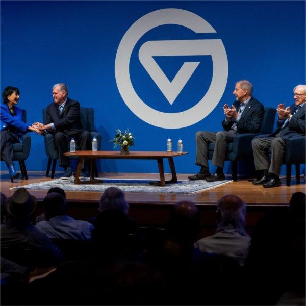 From left on stage at Loosemore auditorium, Presidents Mantella, Haas, Murray and Lubbers