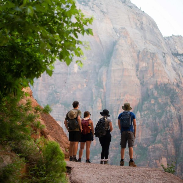 Four Grand Valley students admiring Zion National Park on their hike as part of the Water in the West program.