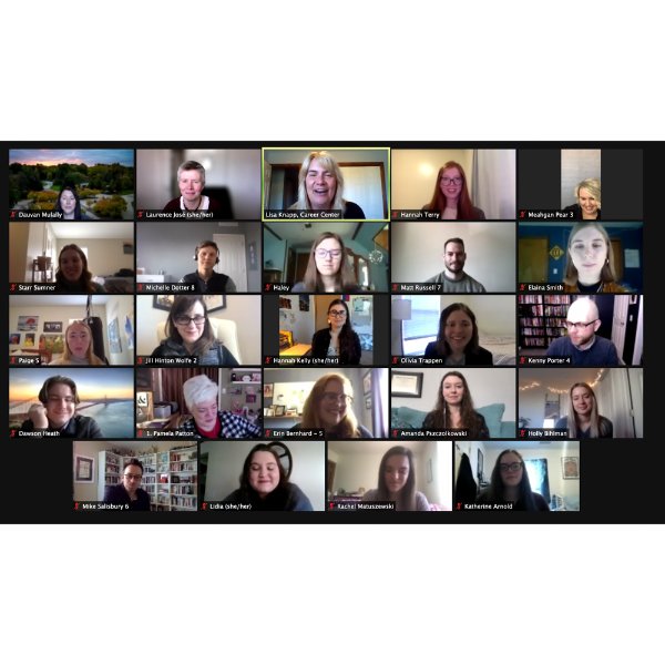 screenshot of a Zoom meeting with faces in boxes