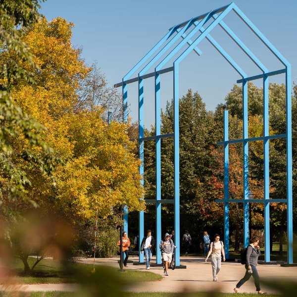 Students walking near the Transformational Link on the Allendale Campus.