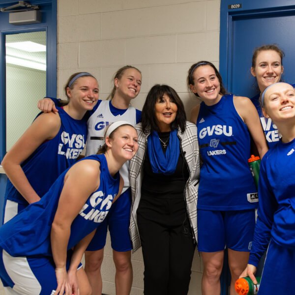 President-elect Mantella pictured with the GVSU Women's Basketball team.
