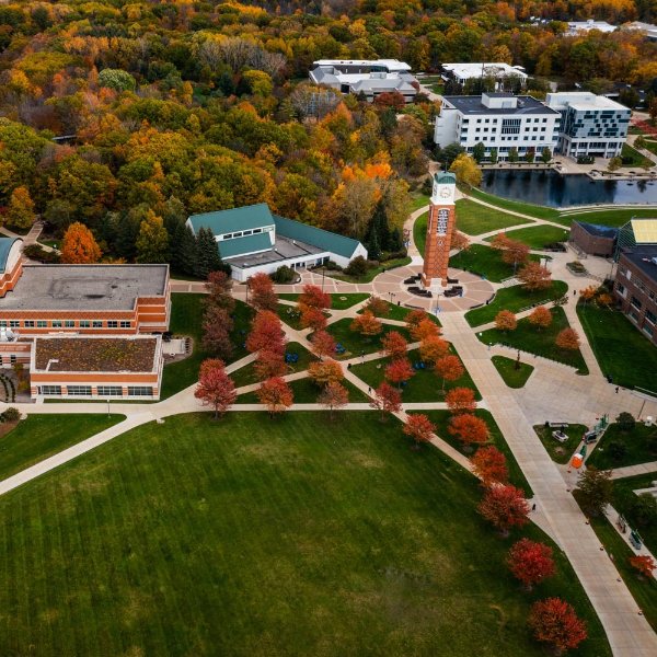 Aerial photo of Allendale Campus with student services building on left, sidewalks and Zumberge Hall on right