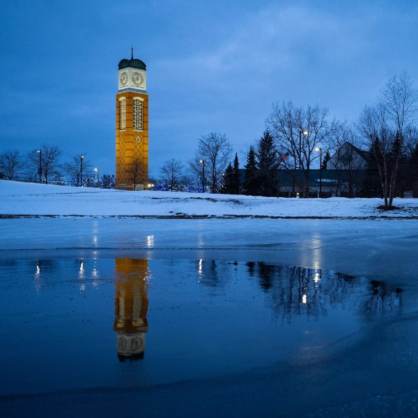 Cook Carillon Tower is in background, reflecting on Zumberge Pond.