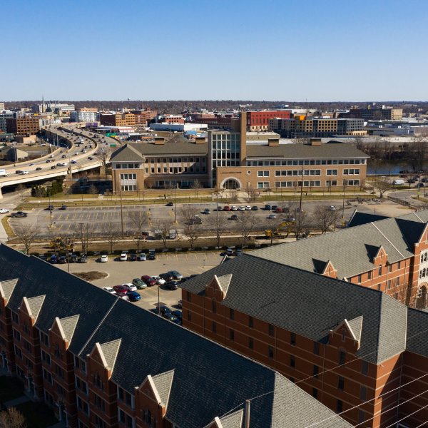 Aerial view of the L. William  Seidman Center.