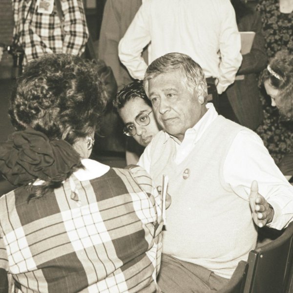 César E. Chávez in a historical photo on GVSU's campus in the 1990s.