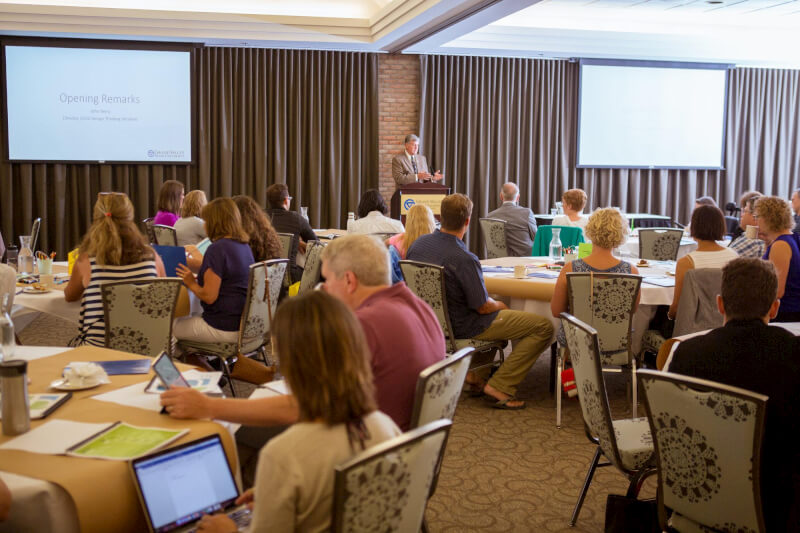 President Haas discusses how design thinking can prepare students for career success during his opening remarks. Photo by Kristina Bird.