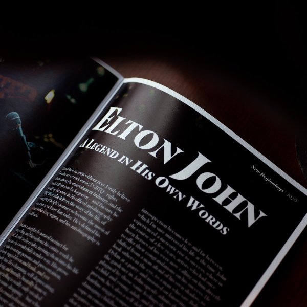 Part of a magazine is shown. The headline of the story reads: Elton John, A Legend in His Own Words. The magazine title, "New Beginnings" is at the top.