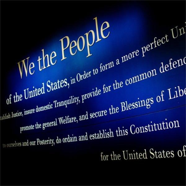 Closeup of preamble to the U.S. Constitution at the National Constitution Center.