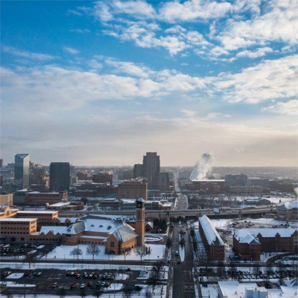 An aerial photo of downtown Grand Rapids.