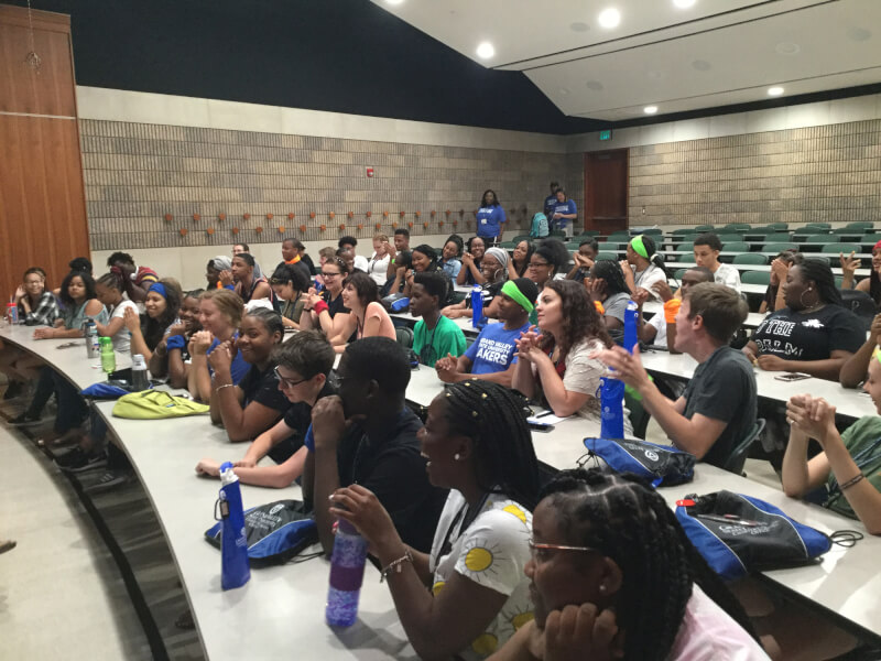 A group of students takes part in a mock class during College Prep Week.