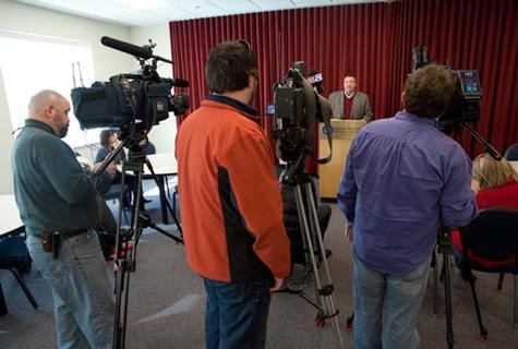 GVSU Dean of Students Bart Merkle addresses members of the media at a press conference.
