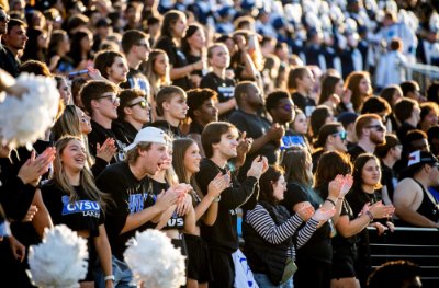 GVSU students cheer the Lakers football team during a game at Lubbers Stadium from 2023. 