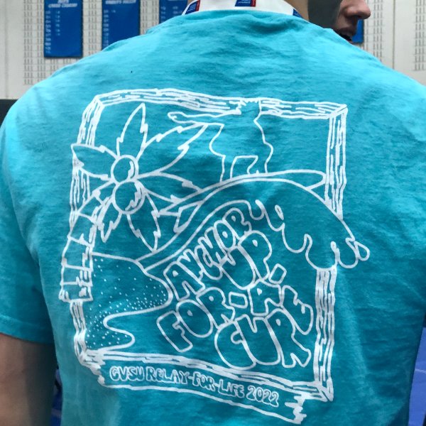 The back of a T-shirt worn by a member of the American Cancer Society at GVSU.