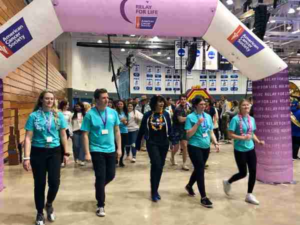 President Philomena V. Mantella joined students for 2022 Relay for Life fundraiser at the GVSU Fieldhouse.