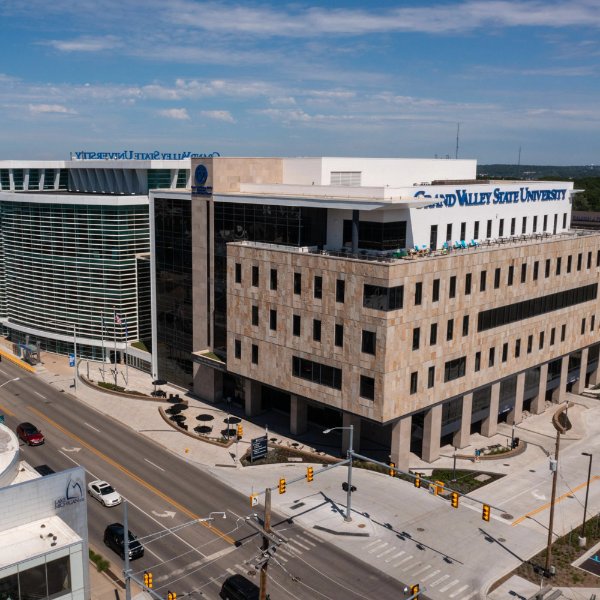 Drone photo of health campus buildings, Cook-DeVos Center for Health Sciences and the DeVos Center for Interprofessional Health