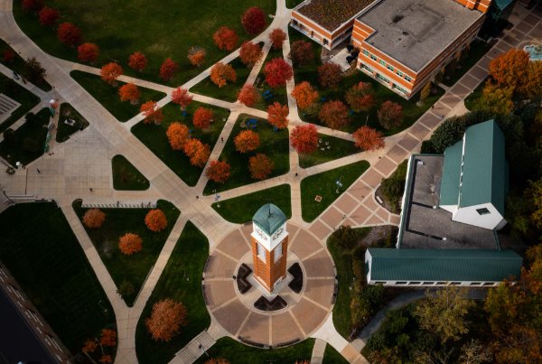  A college campus drone photo with colorful fall foliage