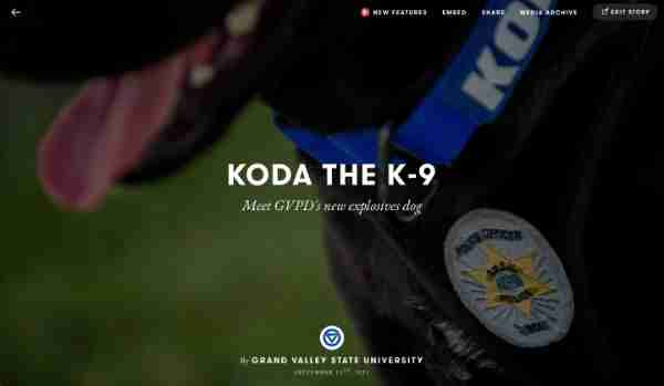  A screenshot showing the words "Koda the K-9, meet GVPD's new explosives dog." At the bottom, the words, Grand Valley State University and the logo. In the background is a photo of a police dog with her badge showing.