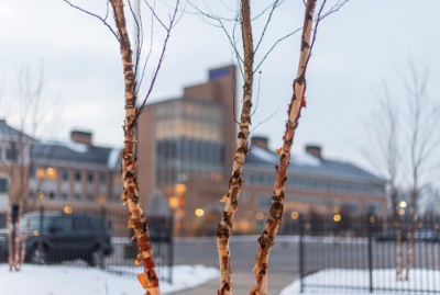 Winter scene outside Seidman College of Business building