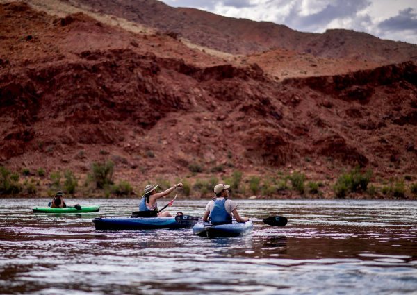 Students kayaking the Colorado River and pointing out wildlife they see. 